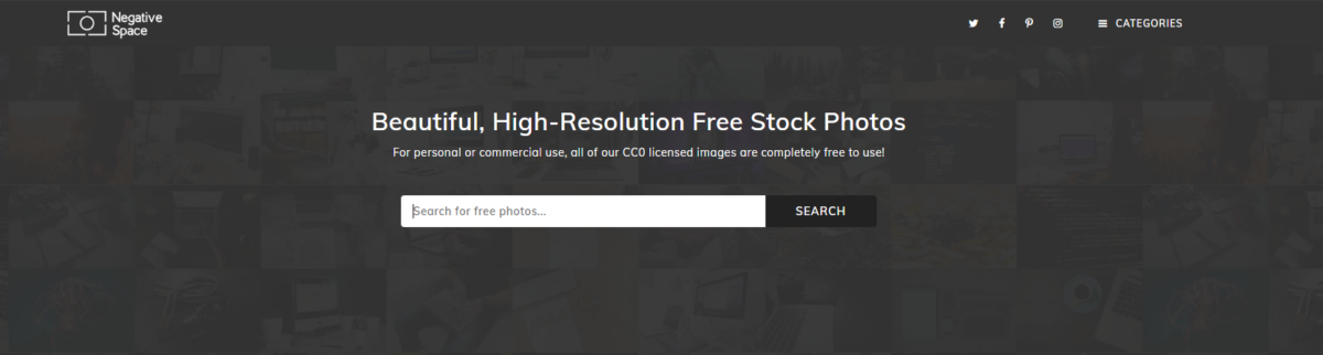 Negative Space homepage screenshot featuring creative, free stock photos with ample negative space for text overlays