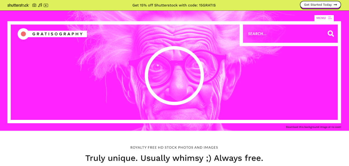 Gratisography homepage screenshot showcasing quirky and creative stock photos perfect for adding personality to any website.