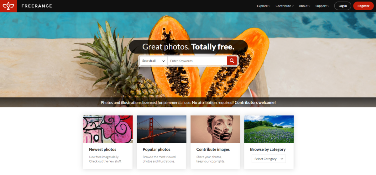Freerange Stock homepage screenshot offering a wide variety of professional-grade free stock photos for commercial use.