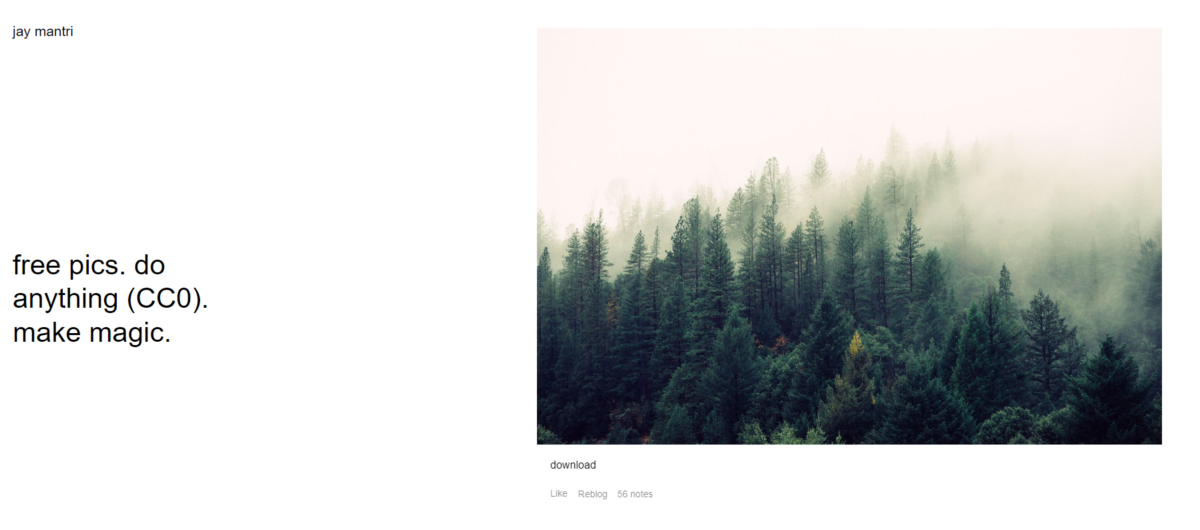 Jay Mantri homepage screenshot displaying a curated collection of artistic, free stock images for digital projects.
