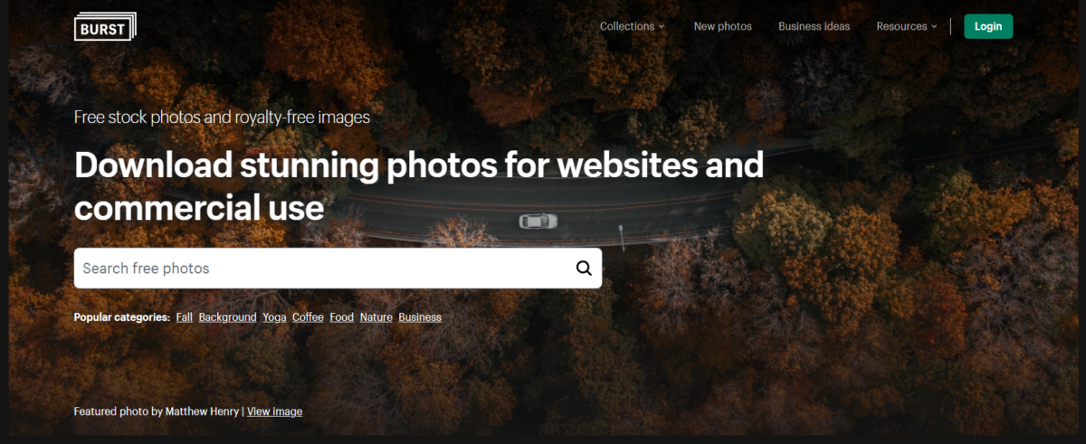 Burst (by Shopify) homepage screenshot offering free stock photos with a focus on e-commerce and small business marketing.