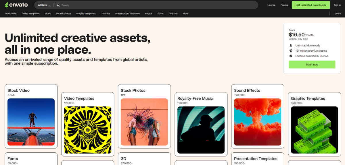 Envato Elements homepage showcasing premium stock photos and design assets for creative professionals