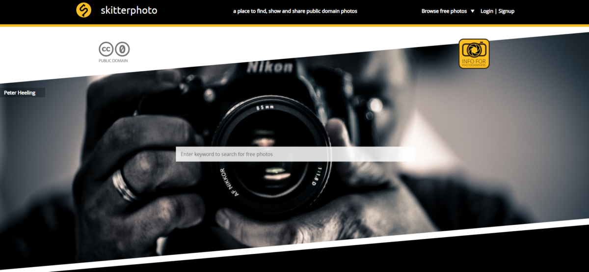 Skitterphoto homepage screenshot showing authentic stock photos uploaded by photographers from around the world.