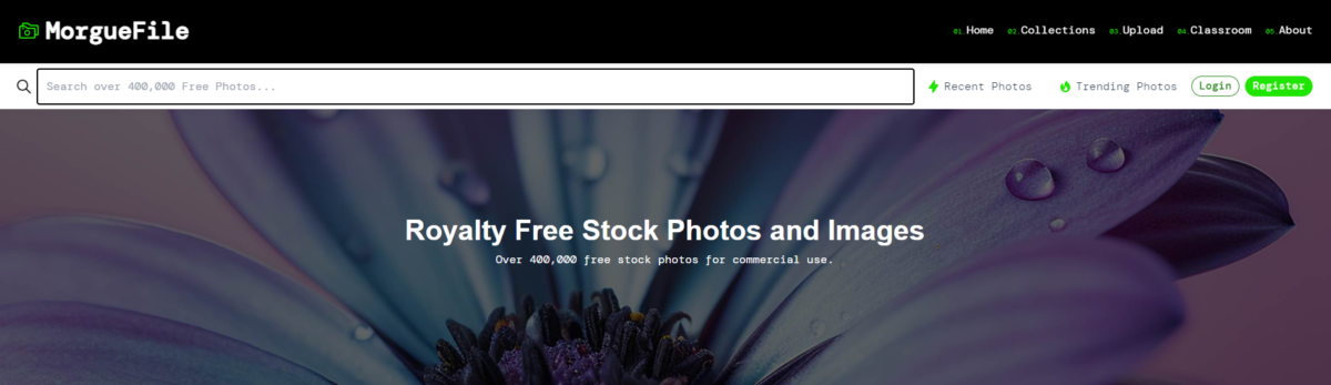Morguefile homepage screenshot featuring an eclectic mix of free user-contributed stock photos for various projects.