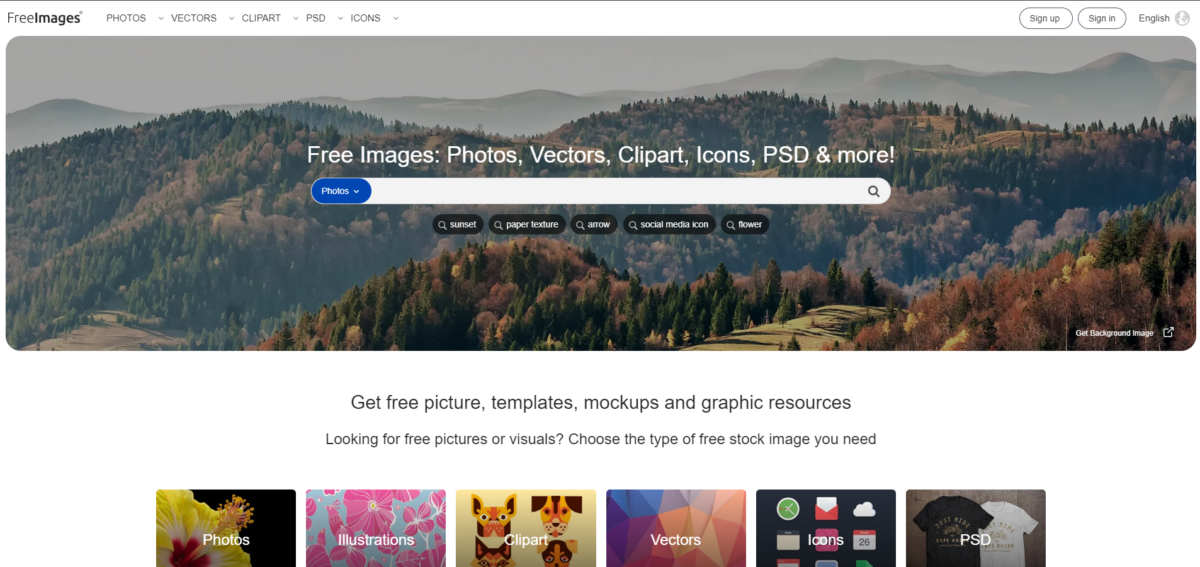 FreeImages homepage screenshot displaying a wide variety of free, high-quality stock photos, backed by Getty Images.