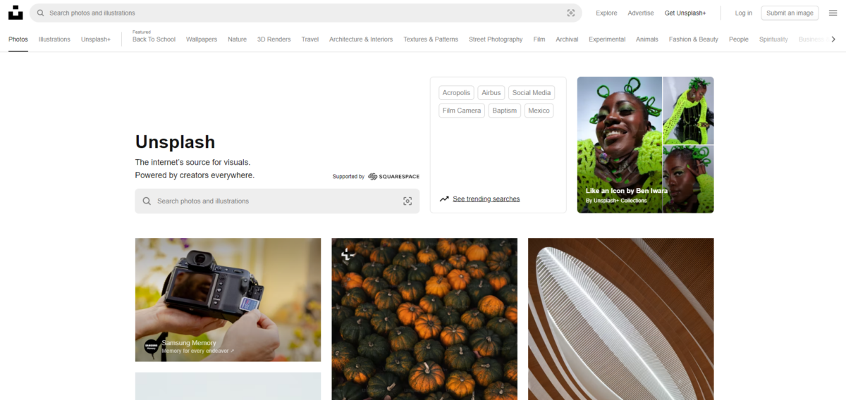 Unsplash homepage screenshot highlighting free high-resolution images for websites and digital projects