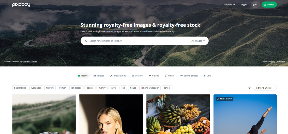 Pixabay homepage screenshot offering free stock images, videos, and illustrations for business websites.