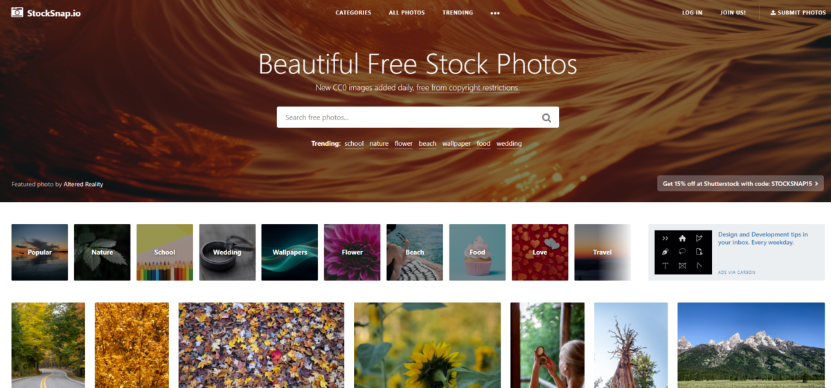 StockSnap.io homepage screenshot displaying trending free stock photos ideal for website and blog designs.