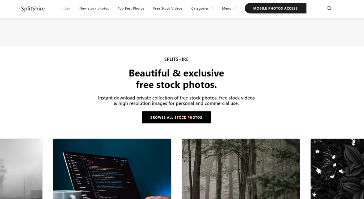 SplitShire homepage screenshot showing unique, artistic stock photography created by Daniel Nanescu for personal and commercial use.