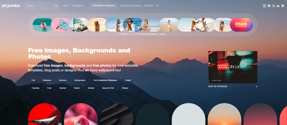 Picjumbo homepage screenshot offering vibrant, free stock images with a focus on blog and web design visuals.