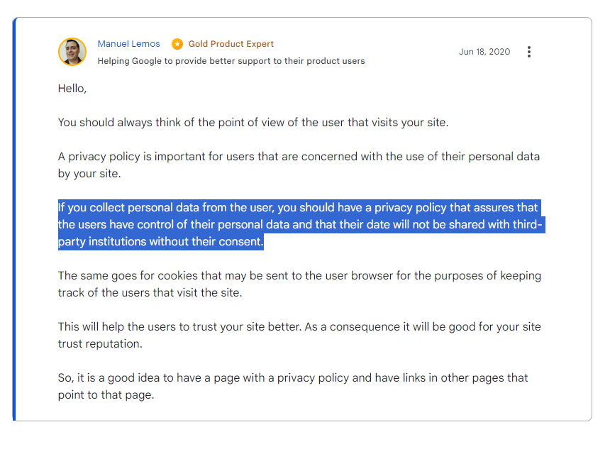 Website Legal Pages Tips from Google Support